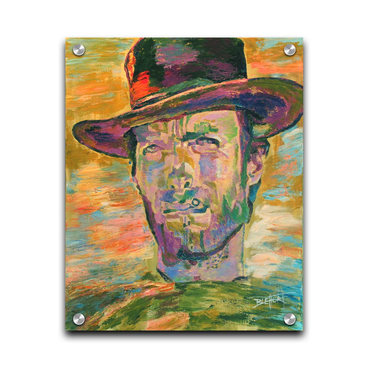 A portrait painting in yellows and greens of actor Clint Eastwood dressed for his classic western roles. Printed on acrylic.