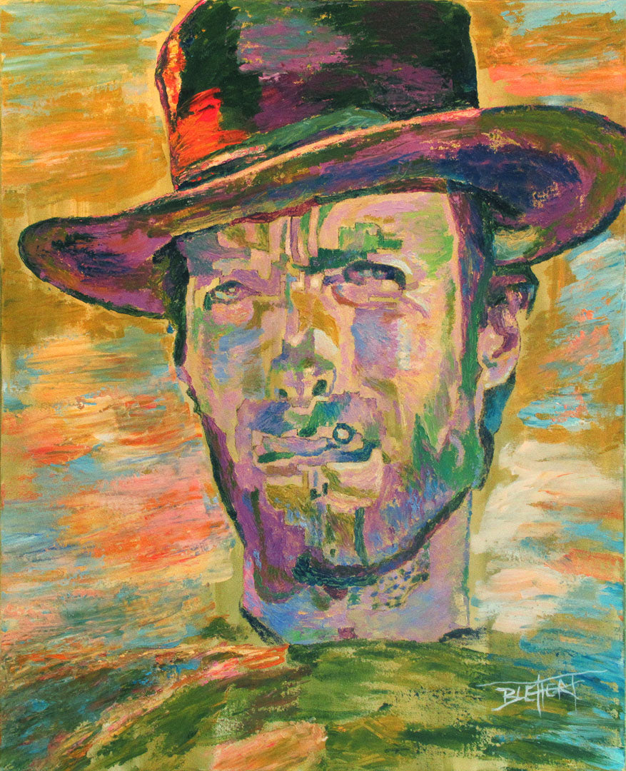 A portrait painting in yellows and greens of actor Clint Eastwood dressed for his classic western roles.