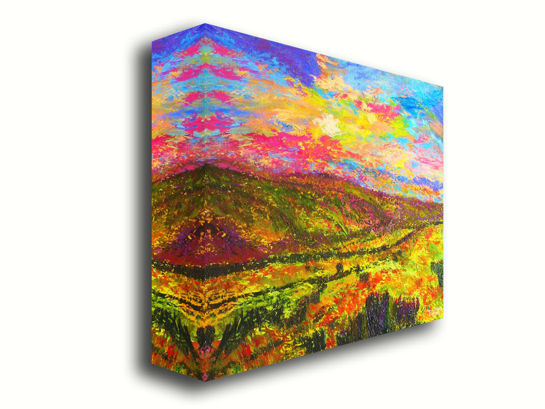 A textured, colorful impressionistic painting of a hilly meadow of flowers and an equally colorful sky. Printed on canvas.