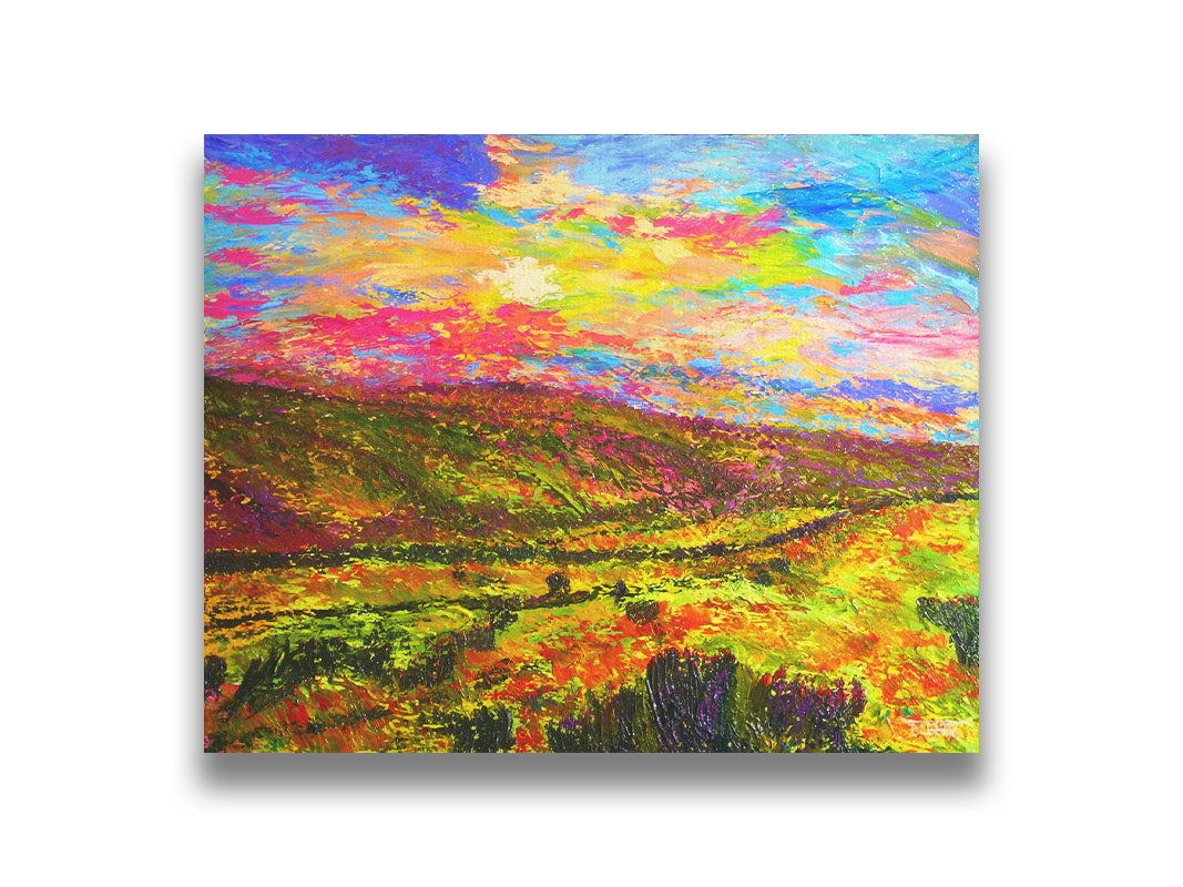 A textured, colorful impressionistic painting of a hilly meadow of flowers and an equally colorful sky. Printed on canvas.