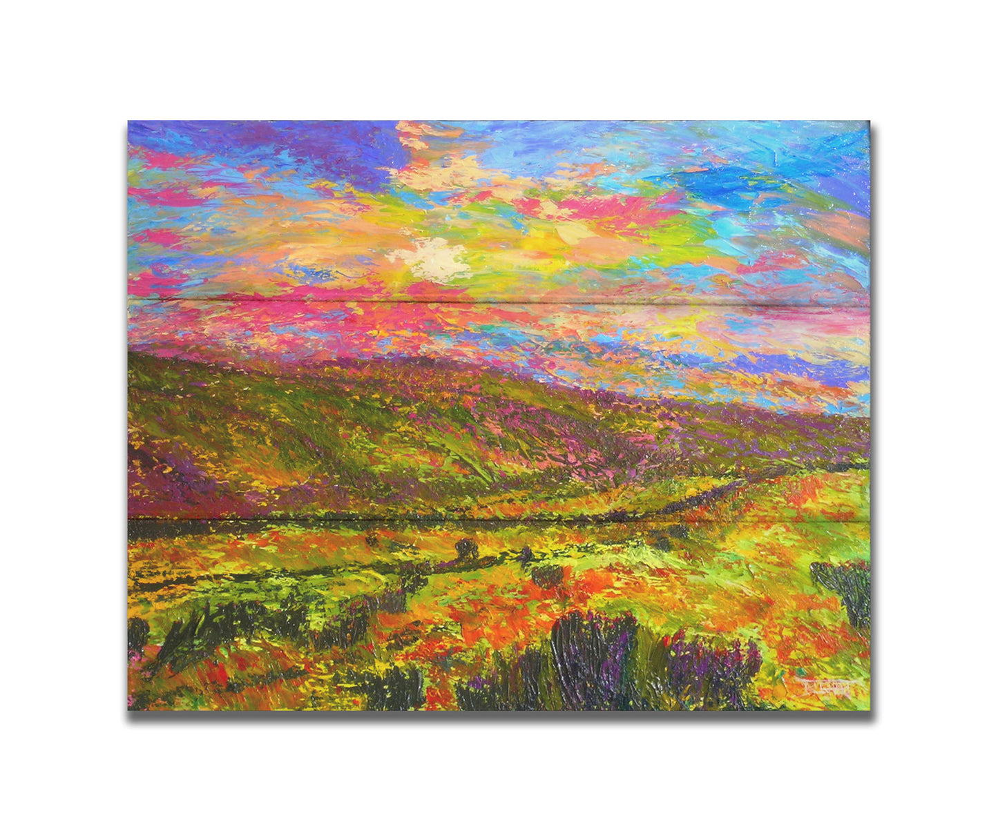 A textured, colorful impressionistic painting of a hilly meadow of flowers and an equally colorful sky. Printed on a box board.