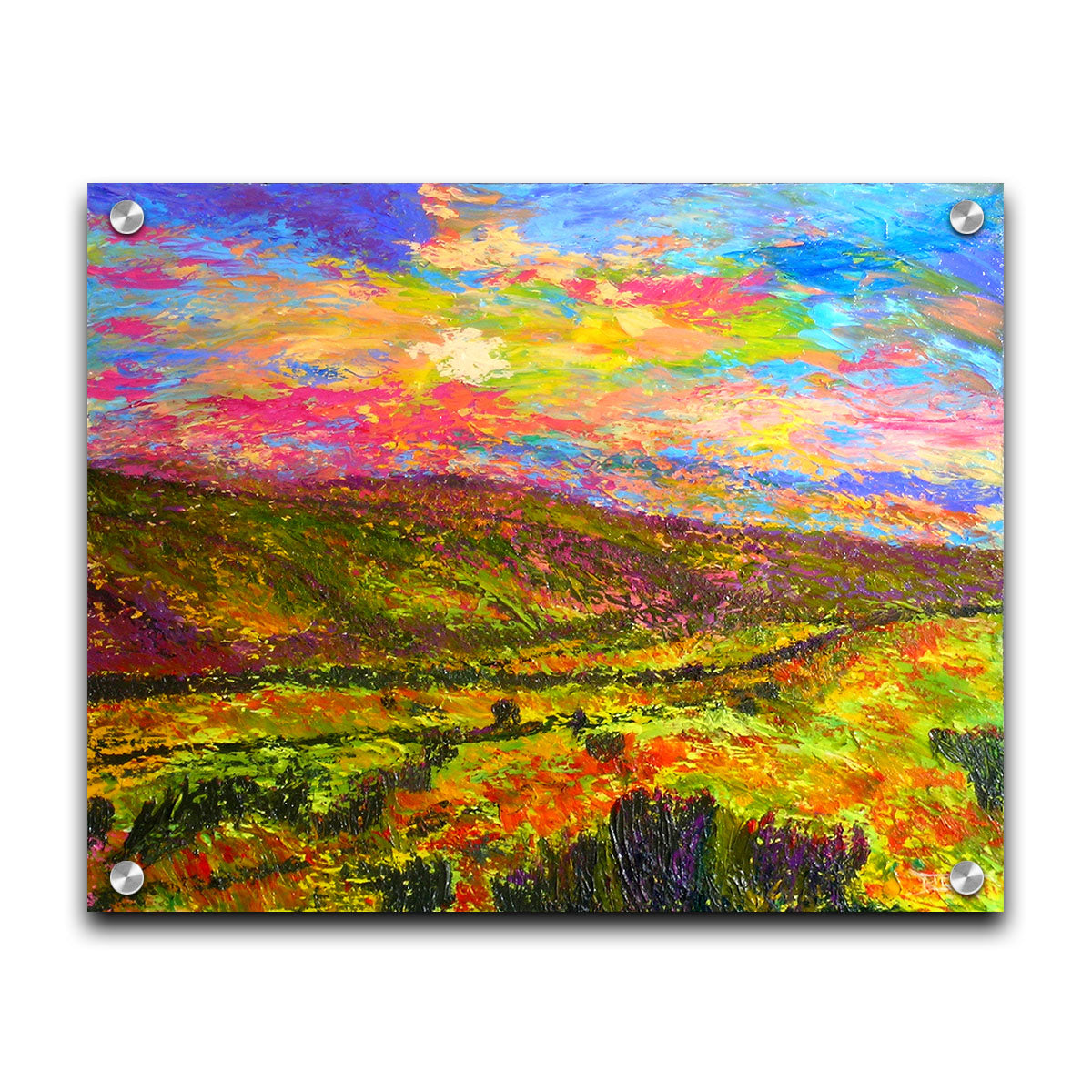 A textured, colorful impressionistic painting of a hilly meadow of flowers and an equally colorful sky. Printed on acrylic.