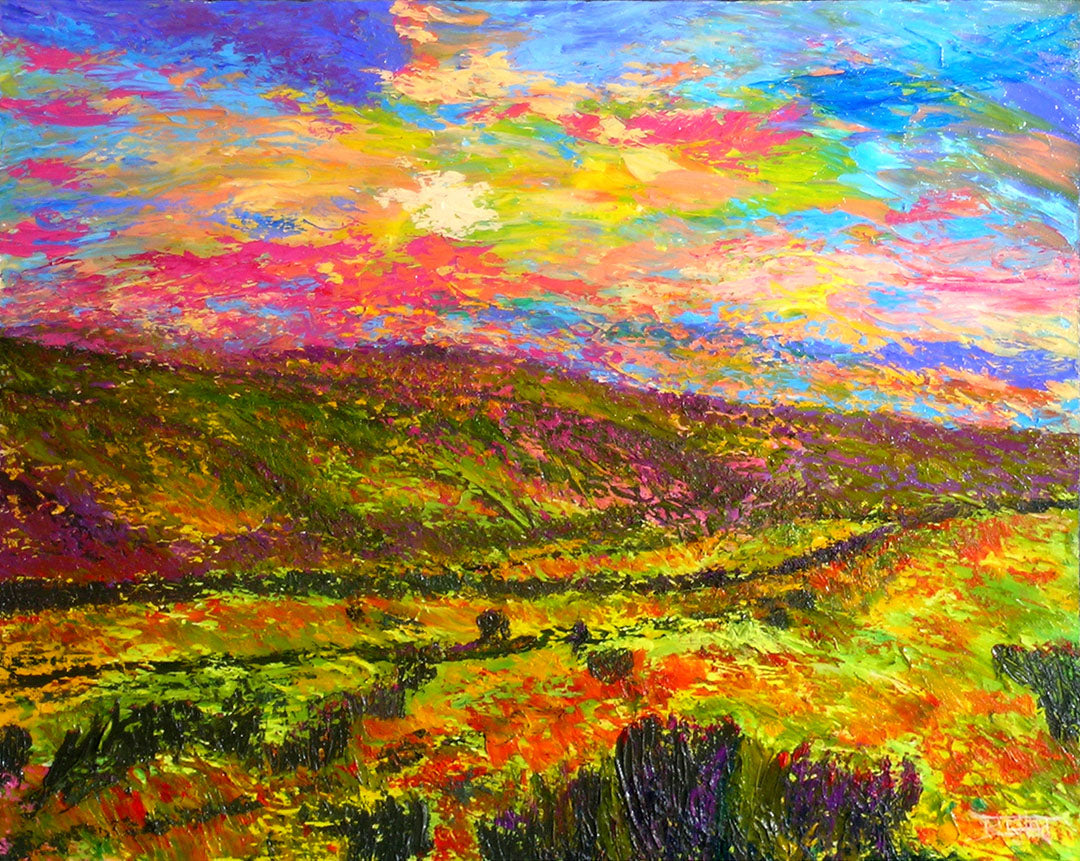 A textured, colorful impressionistic painting of a hilly meadow of flowers and an equally colorful sky.