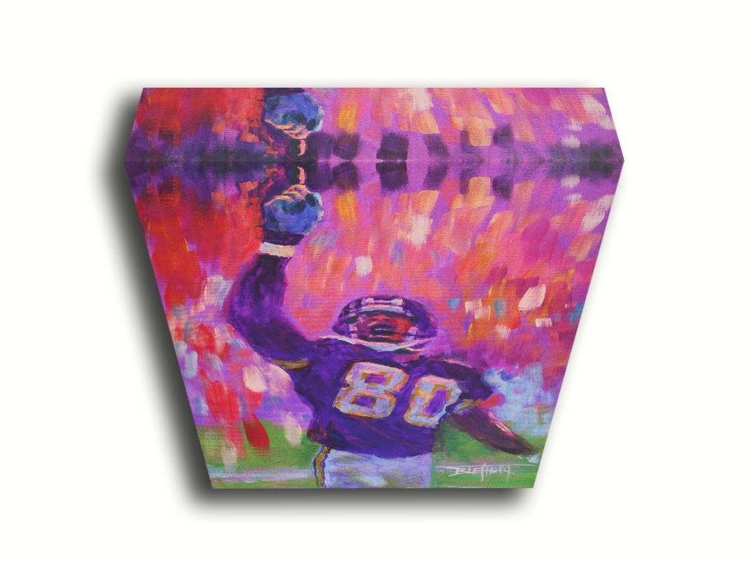 A painting of Minnesota Vikings football player Cris Carter on the field, painted primarily in purples and reds. Printed on canvas.