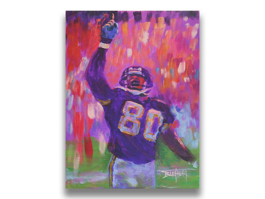 A painting of Minnesota Vikings football player Cris Carter on the field, painted primarily in purples and reds. Printed on canvas.