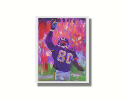 A painting of Minnesota Vikings football player Cris Carter on the field, painted primarily in purples and reds. Printed on canvas in a float frame.