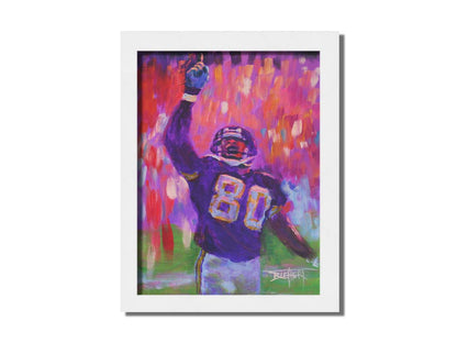 A painting of Minnesota Vikings football player Cris Carter on the field, painted primarily in purples and reds. Printed on canvas and framed.