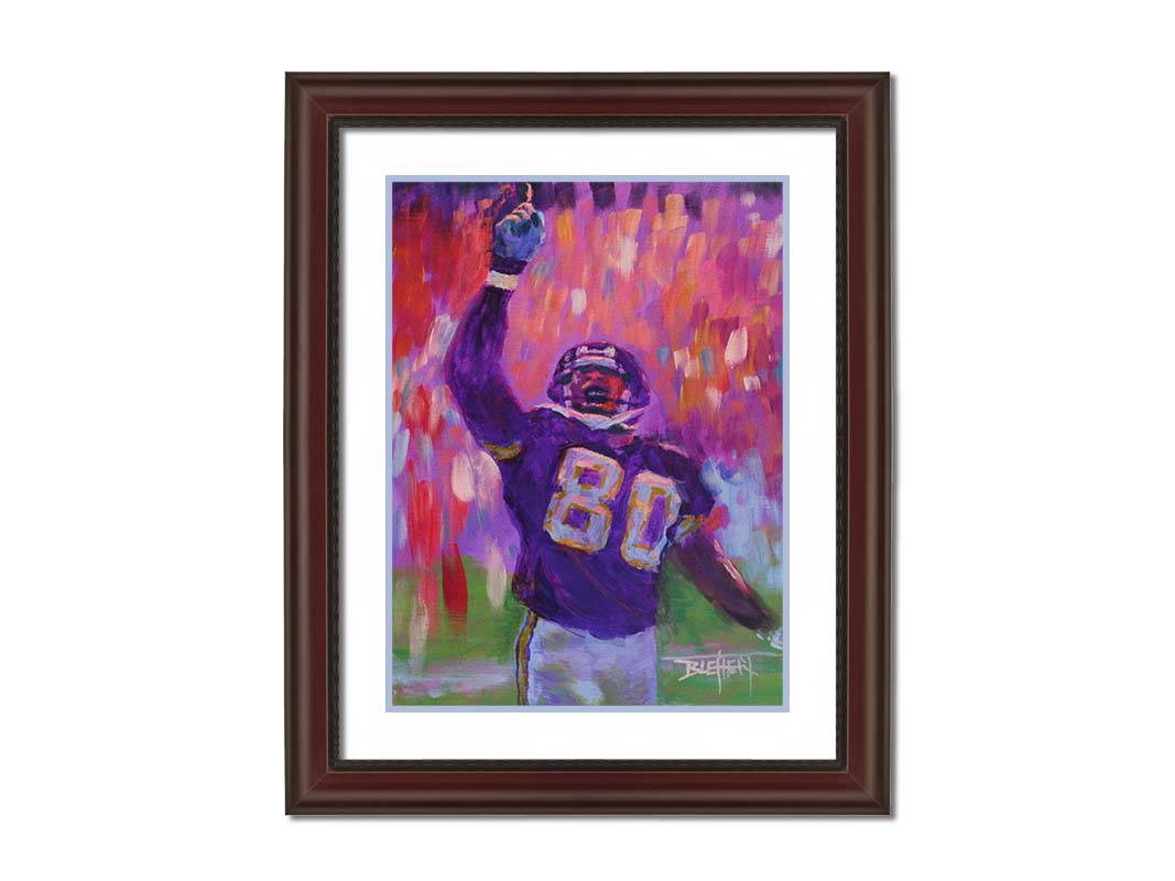 A painting of Minnesota Vikings football player Cris Carter on the field, painted primarily in purples and reds. Printed on paper, matted, and framed.