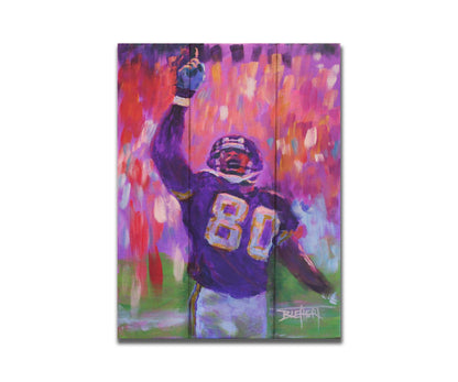 A painting of Minnesota Vikings football player Cris Carter on the field, painted primarily in purples and reds. Printed on a box board.