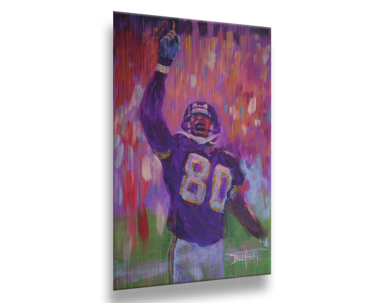 A painting of Minnesota Vikings football player Cris Carter on the field, painted primarily in purples and reds. Printed on metal.