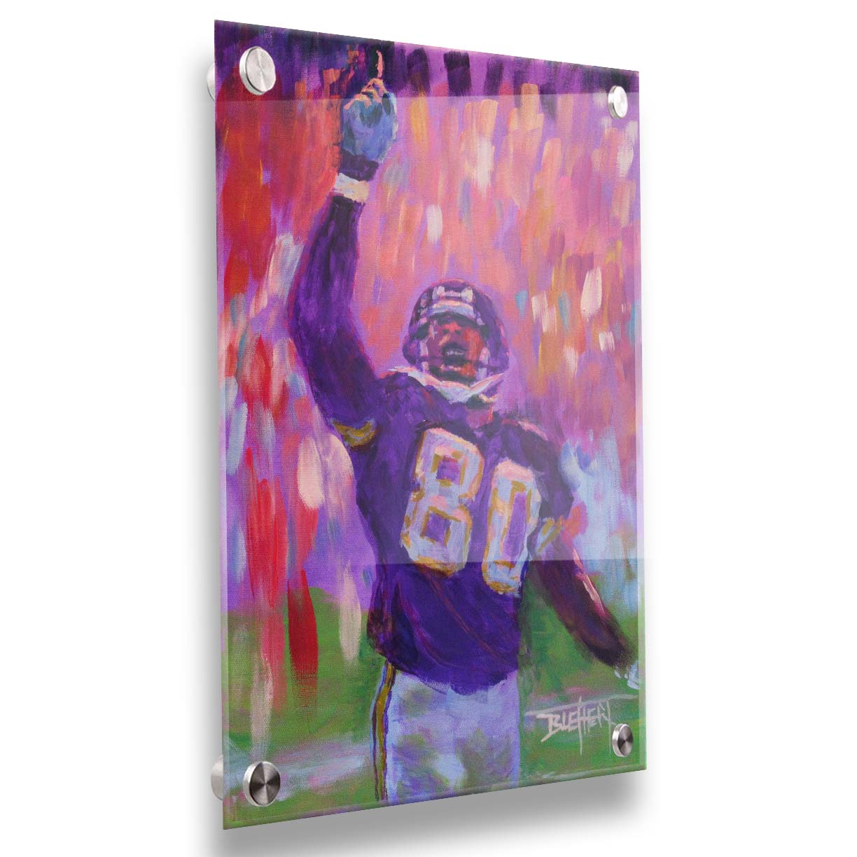 A painting of Minnesota Vikings football player Cris Carter on the field, painted primarily in purples and reds. Printed on acrylic.