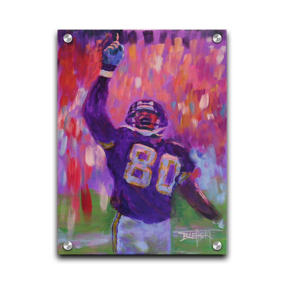 A painting of Minnesota Vikings football player Cris Carter on the field, painted primarily in purples and reds. Printed on acrylic.