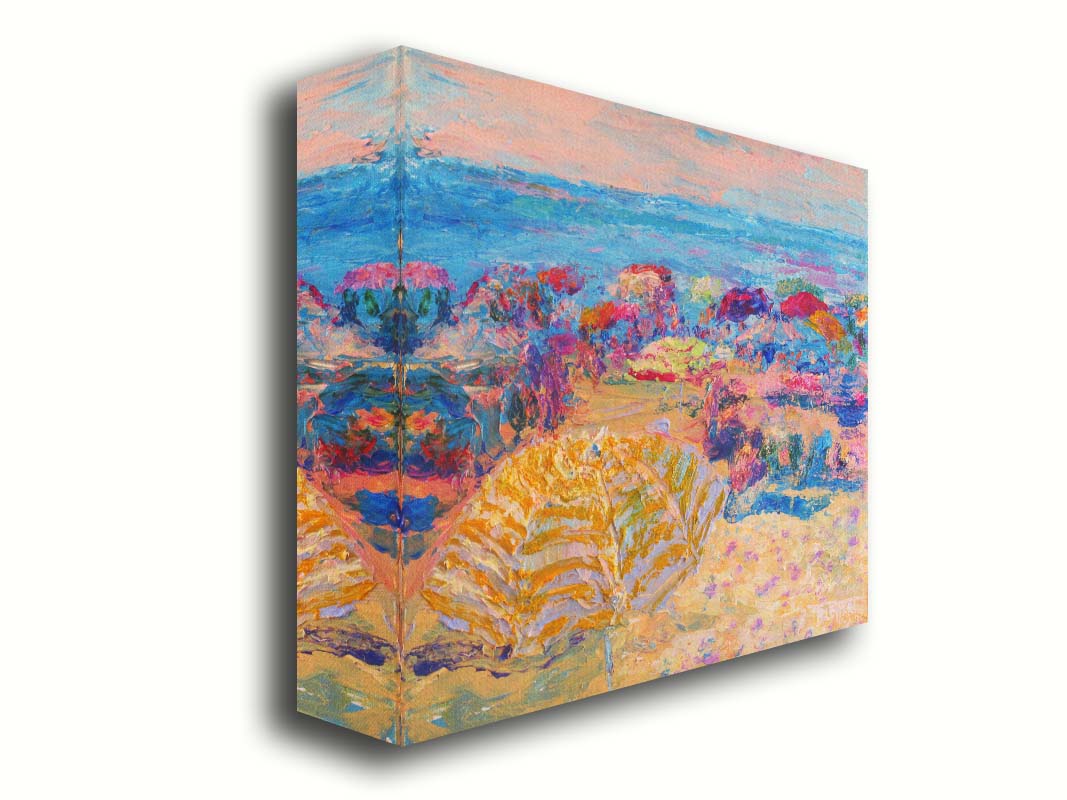 Painting of a beach landscape. Umbrellas fill the space as vacationing beach goers enjoy the sea view. Printed on canvas.