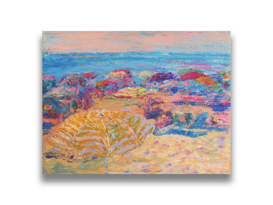 Painting of a beach landscape. Umbrellas fill the space as vacationing beach goers enjoy the sea view. Printed on canvas.