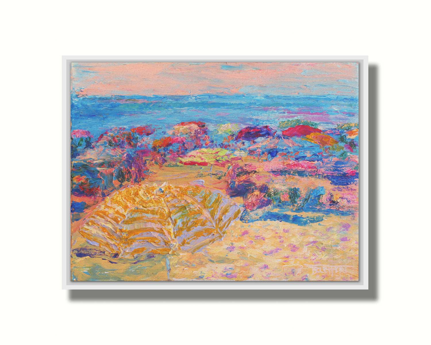 Painting of a beach landscape. Umbrellas fill the space as vacationing beach goers enjoy the sea view. Printed on canvas in a float frame.