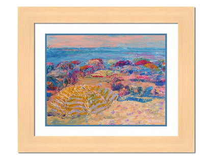 Painting of a beach landscape. Umbrellas fill the space as vacationing beach goers enjoy the sea view. Printed on paper, matted, and framed.