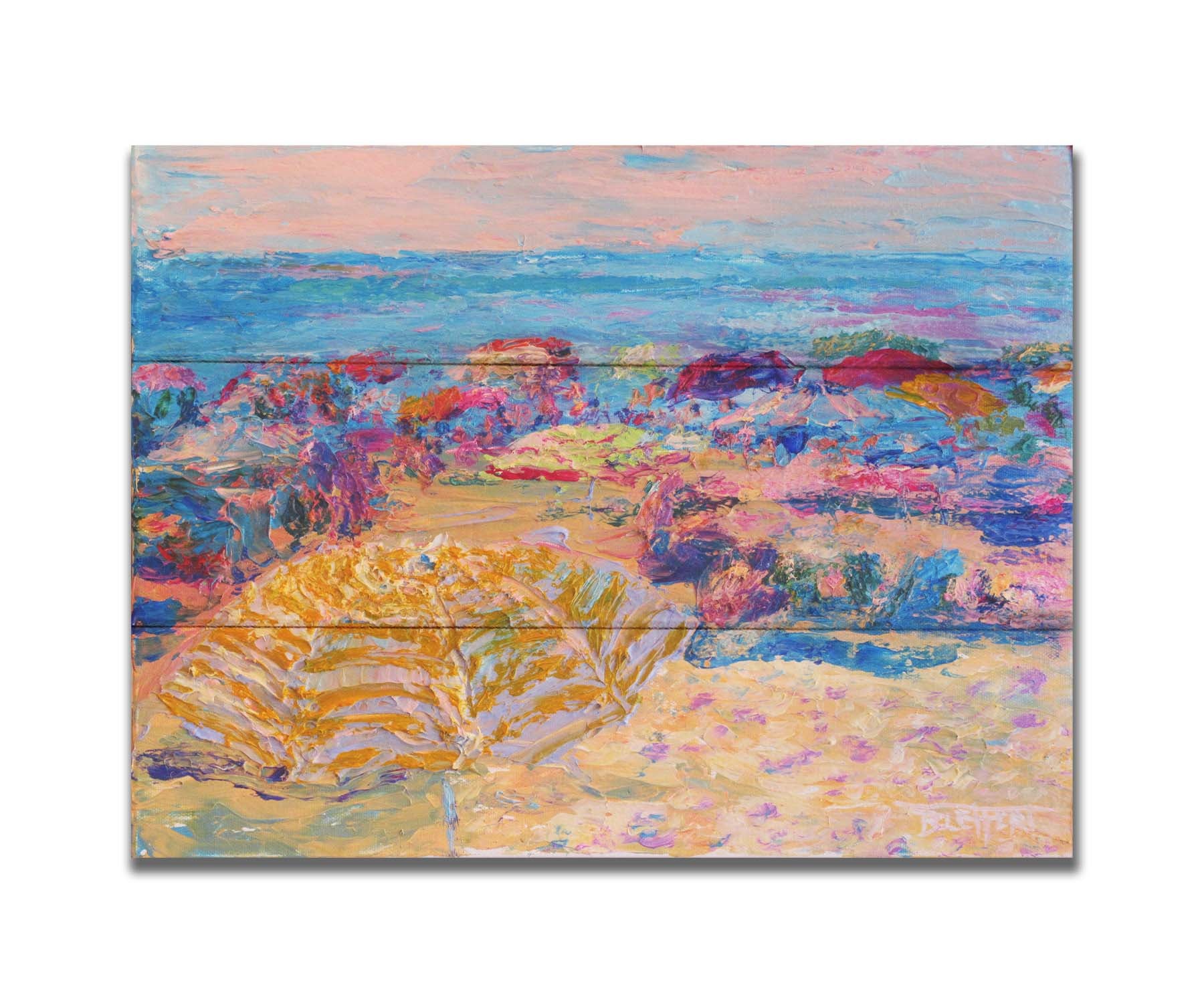 Painting of a beach landscape. Umbrellas fill the space as vacationing beach goers enjoy the sea view. Printed on a box board.