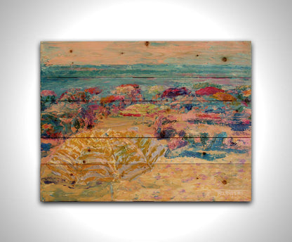 Painting of a beach landscape. Umbrellas fill the space as vacationing beach goers enjoy the sea view. Printed on a wood pallet.