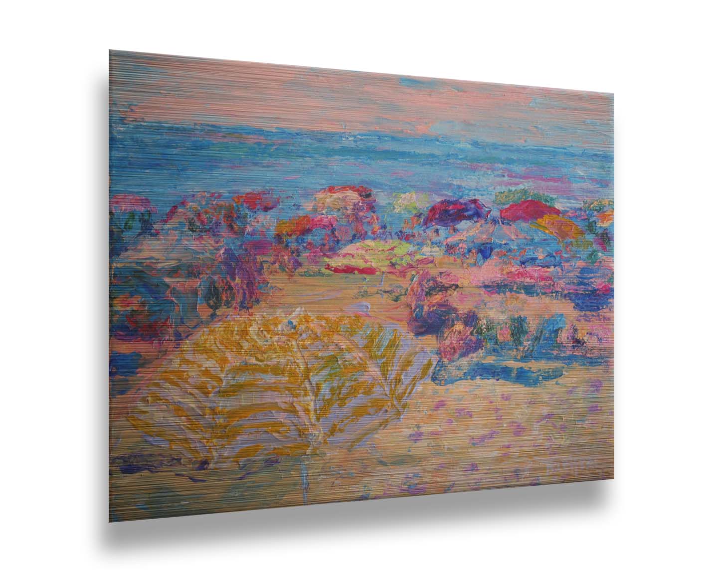 Painting of a beach landscape. Umbrellas fill the space as vacationing beach goers enjoy the sea view. Printed on metal.