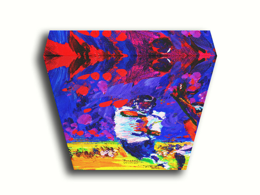 A painting of Seattle Seahawks gridiron football player in a dynamic pose, having just thrown a pass to his teammate. It is painted with bright, highly saturated purples, reds, blues, and yellows. Printed on canvas.