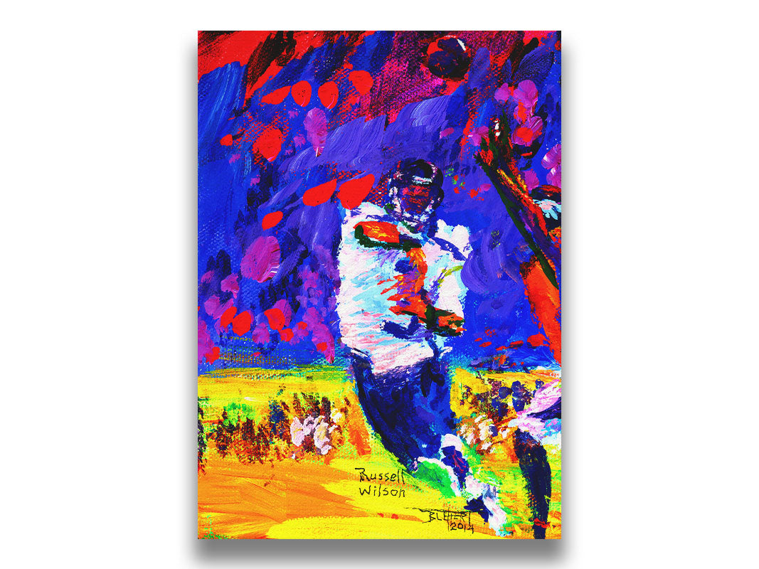 A painting of Seattle Seahawks gridiron football player in a dynamic pose, having just thrown a pass to his teammate. It is painted with bright, highly saturated purples, reds, blues, and yellows. Printed on canvas.