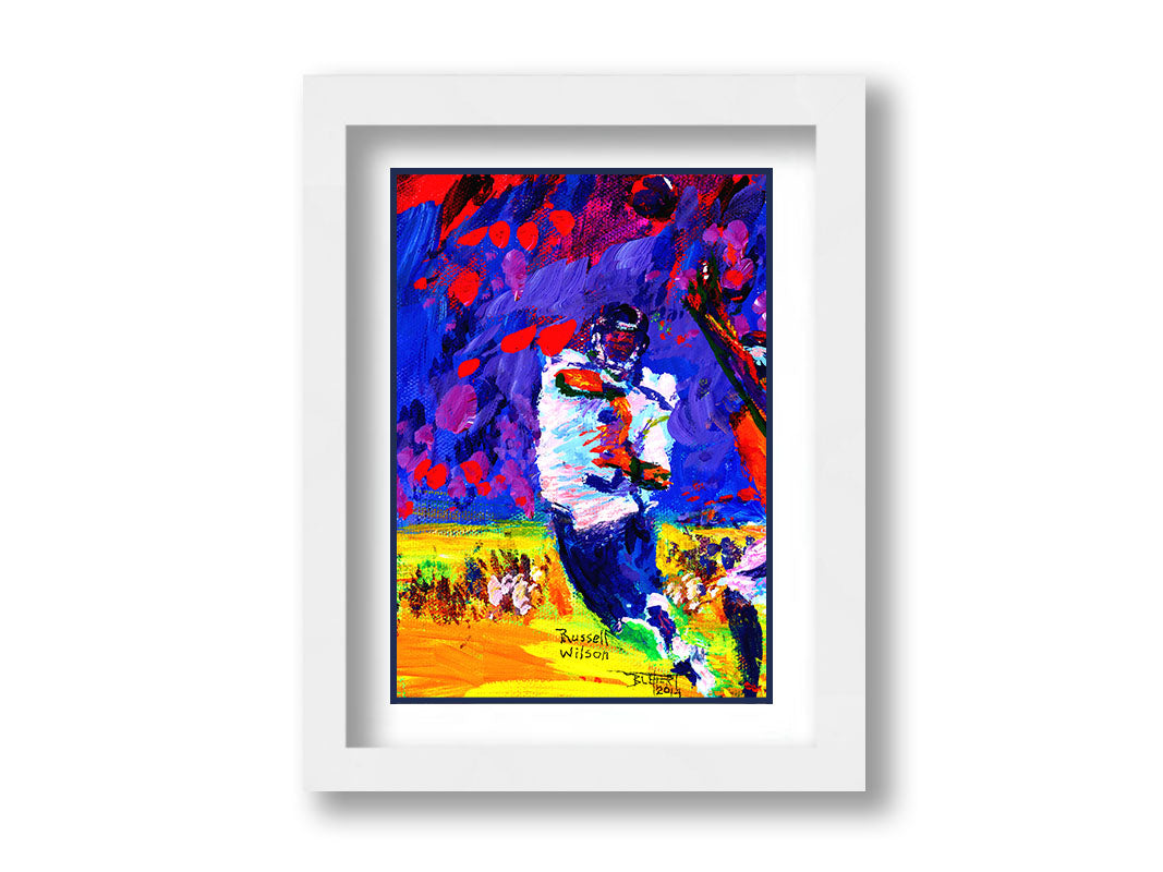 A painting of Seattle Seahawks gridiron football player in a dynamic pose, having just thrown a pass to his teammate. It is painted with bright, highly saturated purples, reds, blues, and yellows. Printed on paper, matted, and framed.