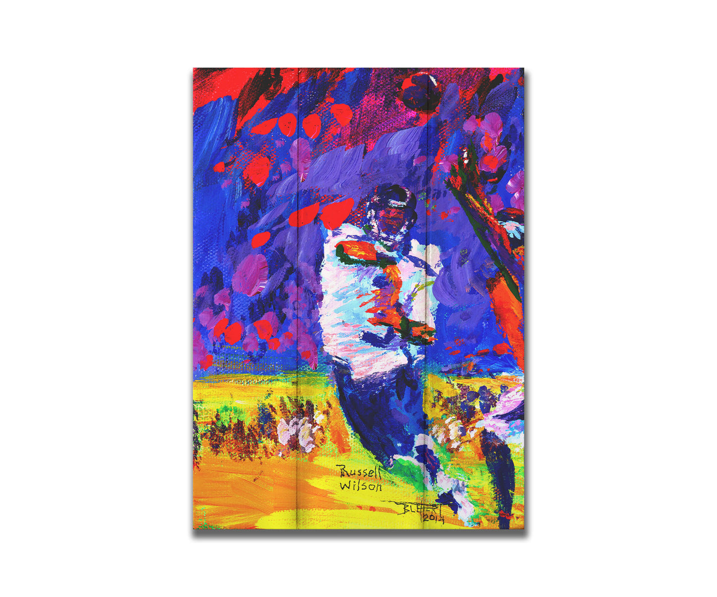 A painting of Seattle Seahawks gridiron football player in a dynamic pose, having just thrown a pass to his teammate. It is painted with bright, highly saturated purples, reds, blues, and yellows. Printed on a box board.