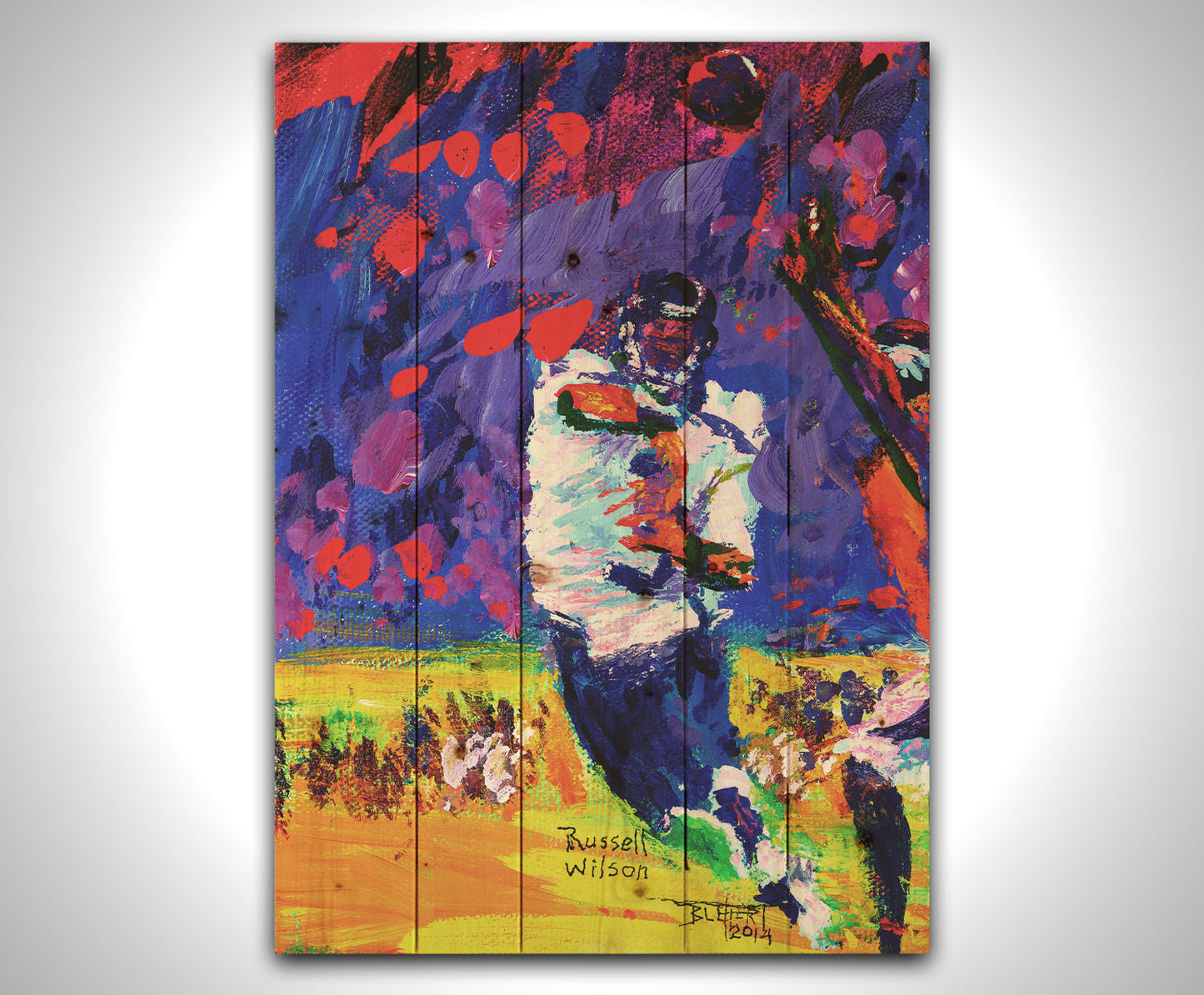 A painting of Seattle Seahawks gridiron football player in a dynamic pose, having just thrown a pass to his teammate. It is painted with bright, highly saturated purples, reds, blues, and yellows. Printed on a wood pallet.