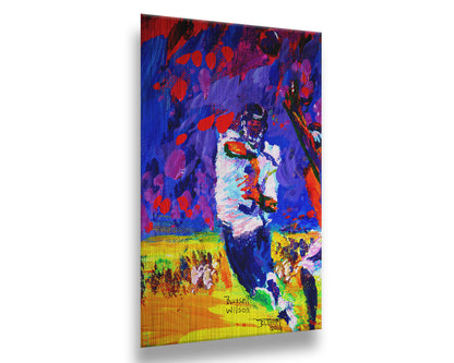 A painting of Seattle Seahawks gridiron football player in a dynamic pose, having just thrown a pass to his teammate. It is painted with bright, highly saturated purples, reds, blues, and yellows. Printed on metal.