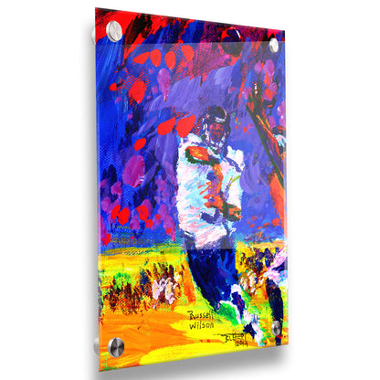 A painting of Seattle Seahawks gridiron football player in a dynamic pose, having just thrown a pass to his teammate. It is painted with bright, highly saturated purples, reds, blues, and yellows. Printed on acrylic.