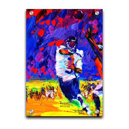 A painting of Seattle Seahawks gridiron football player in a dynamic pose, having just thrown a pass to his teammate. It is painted with bright, highly saturated purples, reds, blues, and yellows. Printed on acrylic.