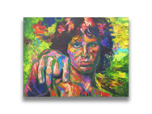 A painting of rock and roll musician Jim Morrison, painted using bold brushstrokes and unblended colors against a green background. Printed on canvas.