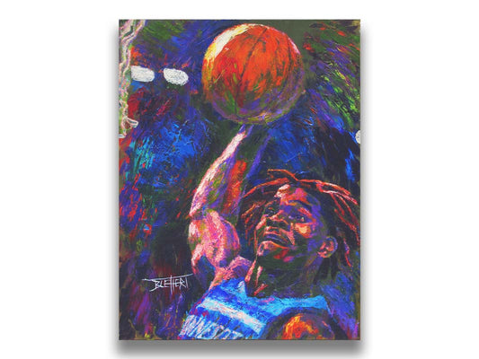 A painting of Minnesota Timberwolves basketball player Anthony Edwards dunking the ball. Printed on canvas.