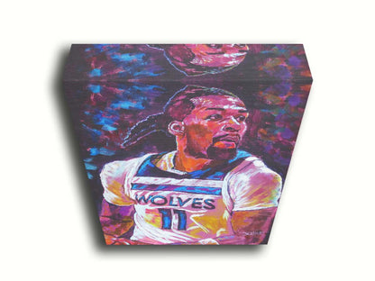 A painting of Minnesota Timberwolves basketball player Naz Reid holding the ball. Printed on canvas.