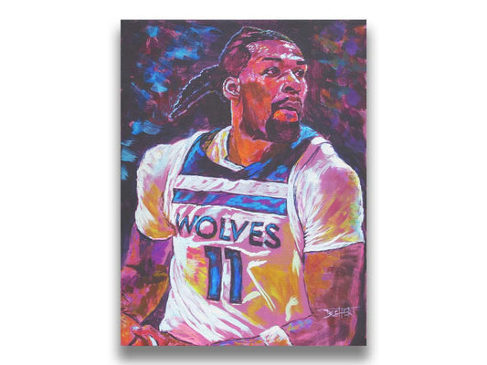 A painting of Minnesota Timberwolves basketball player Naz Reid holding the ball. Printed on canvas.