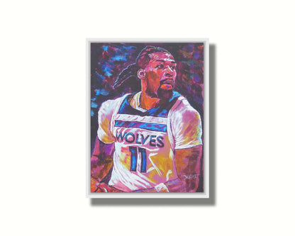 A painting of Minnesota Timberwolves basketball player Naz Reid holding the ball. Printed on canvas in a float frame.