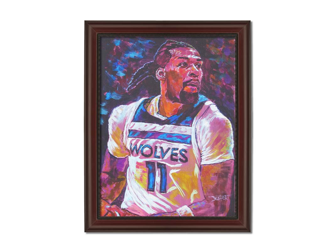 A painting of Minnesota Timberwolves basketball player Naz Reid holding the ball. Printed on canvas and framed.