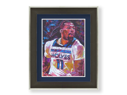 A painting of Minnesota Timberwolves basketball player Naz Reid holding the ball. Printed on paper, matted, and framed.