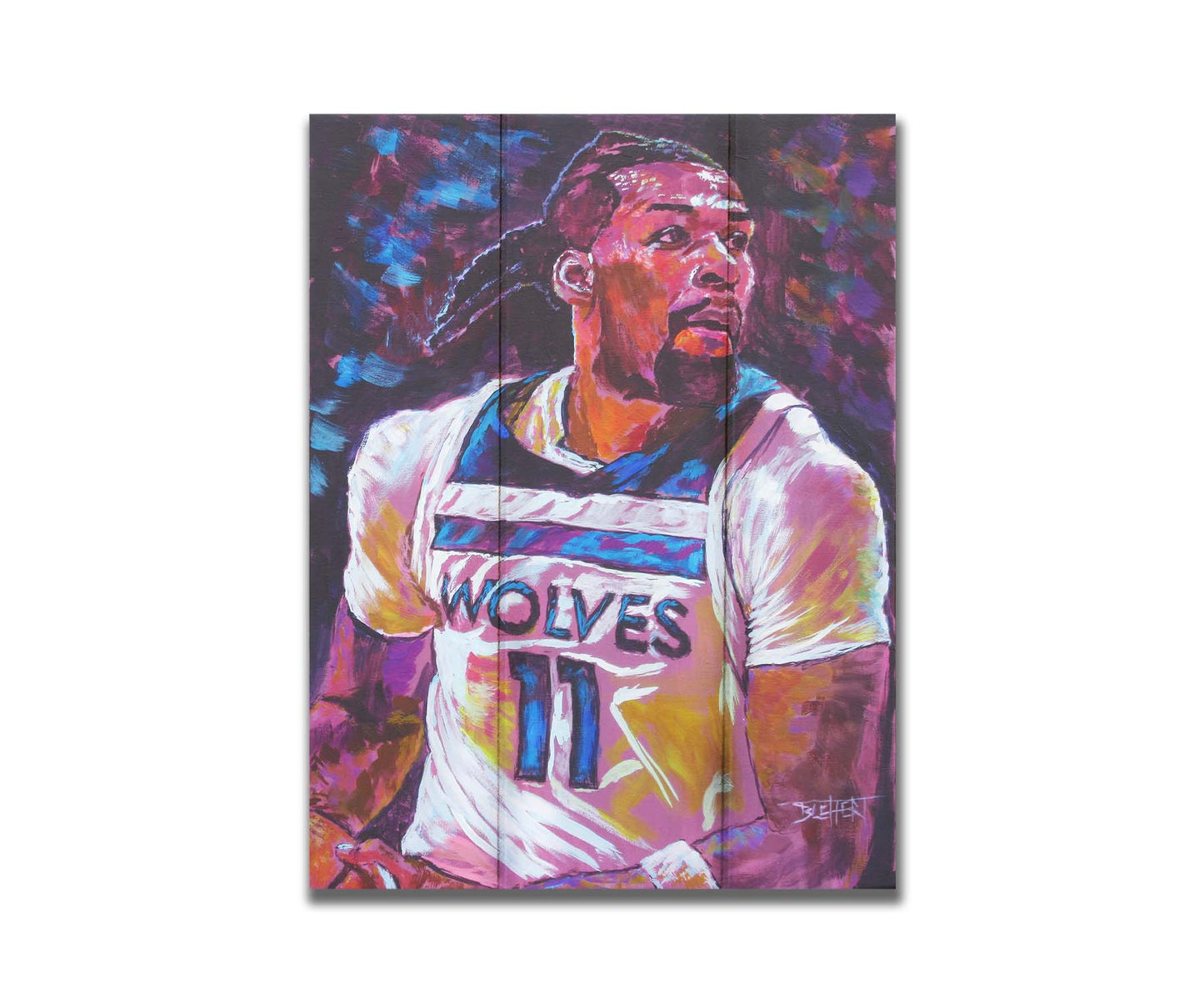 A painting of Minnesota Timberwolves basketball player Naz Reid holding the ball. Printed on a box board.