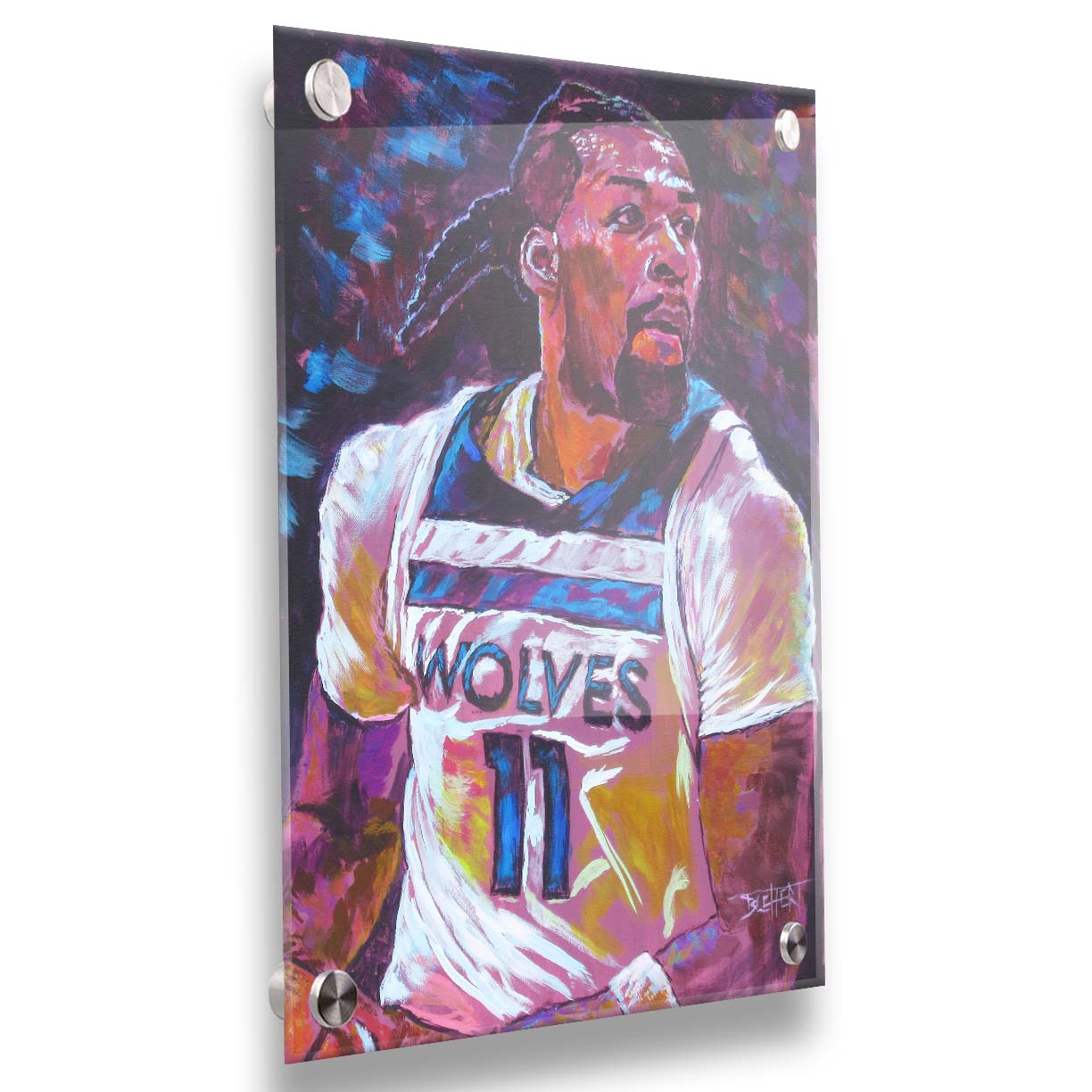 A painting of Minnesota Timberwolves basketball player Naz Reid holding the ball. Printed on acrylic.