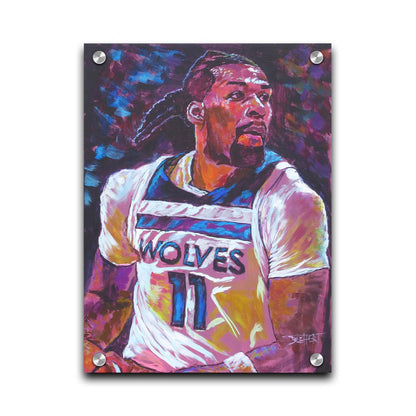 A painting of Minnesota Timberwolves basketball player Naz Reid holding the ball. Printed on acrylic.