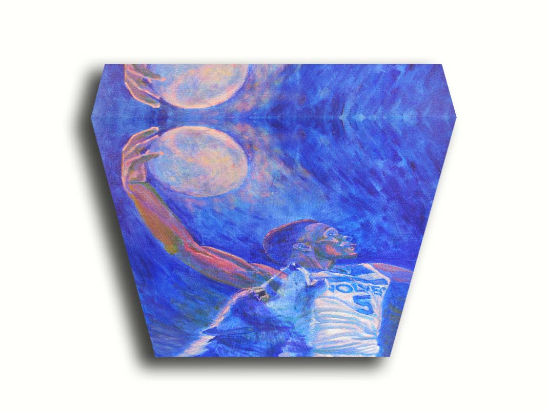 A painting of Minnesota Timberwolves basketball player Anthony Edwards dunking the moon like a basketball, with a transparent wolf howling beside him. Printed on canvas.