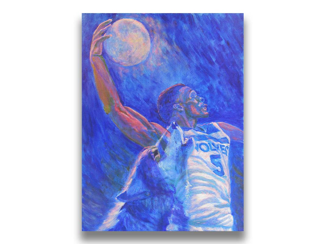 A painting of Minnesota Timberwolves basketball player Anthony Edwards dunking the moon like a basketball, with a transparent wolf howling beside him. Printed on canvas.