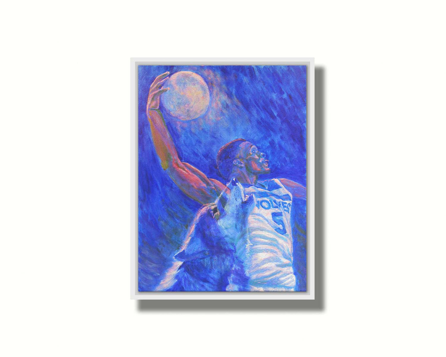 A painting of Minnesota Timberwolves basketball player Anthony Edwards dunking the moon like a basketball, with a transparent wolf howling beside him. Printed on canvas in a float frame.