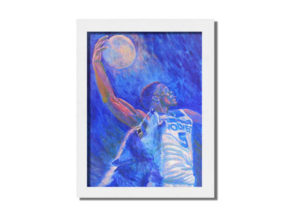 A painting of Minnesota Timberwolves basketball player Anthony Edwards dunking the moon like a basketball, with a transparent wolf howling beside him. Printed on canvas and framed.