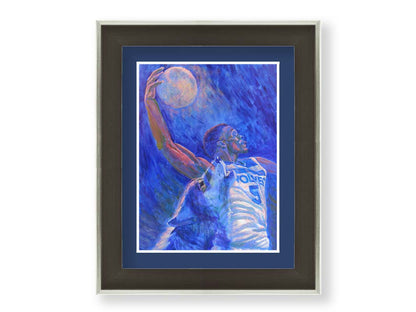 A painting of Minnesota Timberwolves basketball player Anthony Edwards dunking the moon like a basketball, with a transparent wolf howling beside him. Printed on paper, matted, and framed.