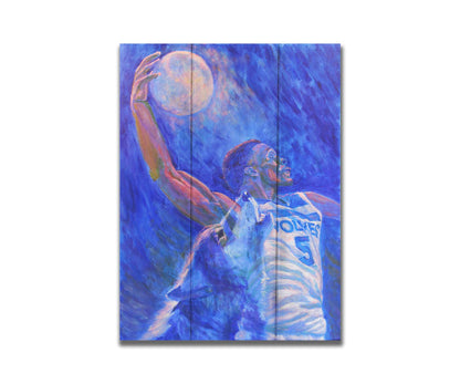 A painting of Minnesota Timberwolves basketball player Anthony Edwards dunking the moon like a basketball, with a transparent wolf howling beside him. Printed on a box board.