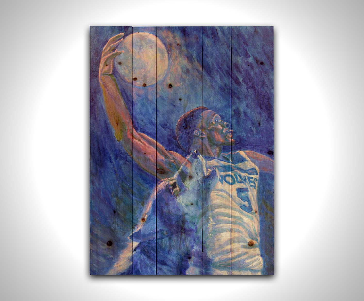 A painting of Minnesota Timberwolves basketball player Anthony Edwards dunking the moon like a basketball, with a transparent wolf howling beside him. Printed on a wood pallet.