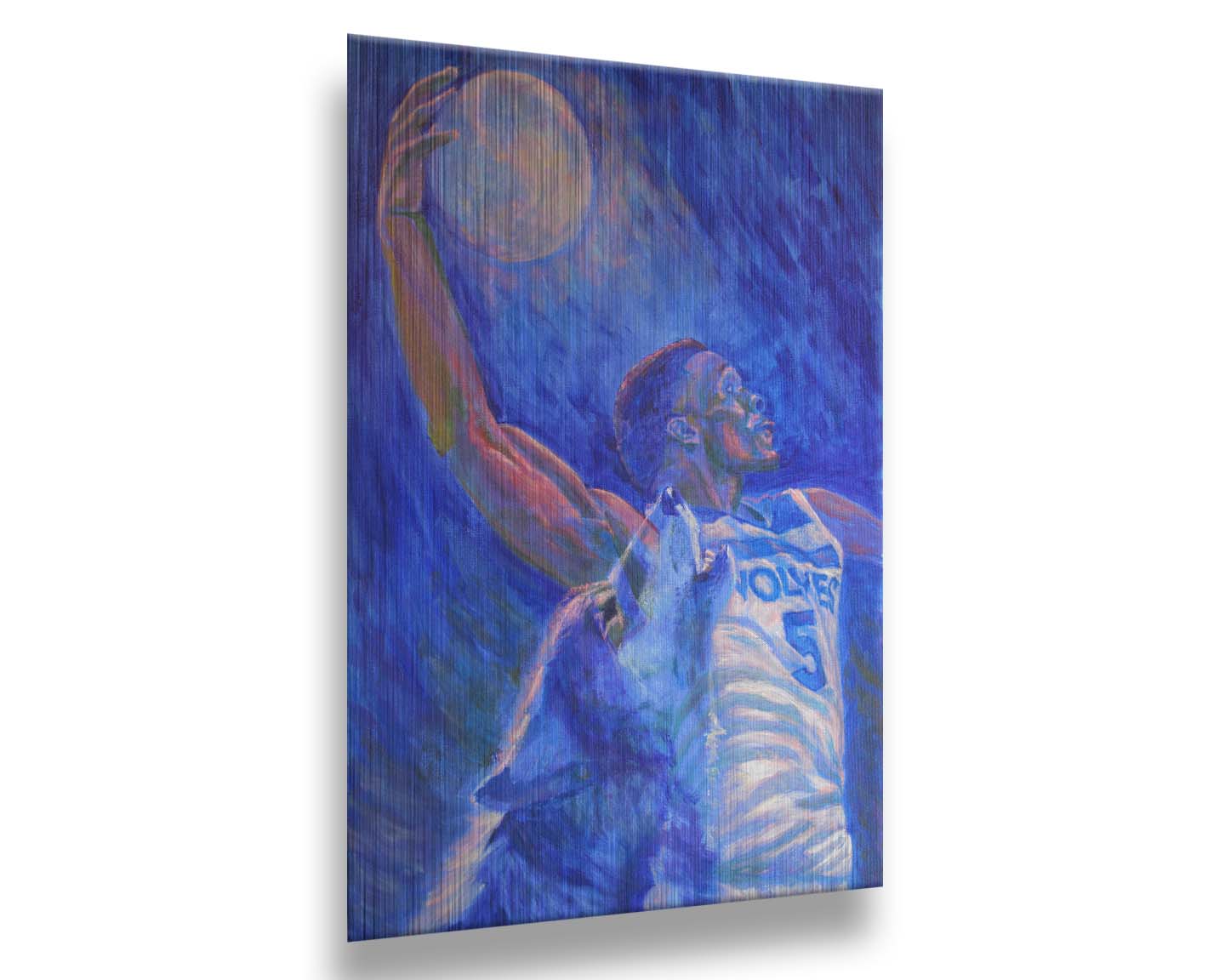 A painting of Minnesota Timberwolves basketball player Anthony Edwards dunking the moon like a basketball, with a transparent wolf howling beside him. Printed on metal.