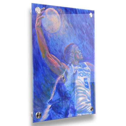 A painting of Minnesota Timberwolves basketball player Anthony Edwards dunking the moon like a basketball, with a transparent wolf howling beside him. Printed on acrylic.